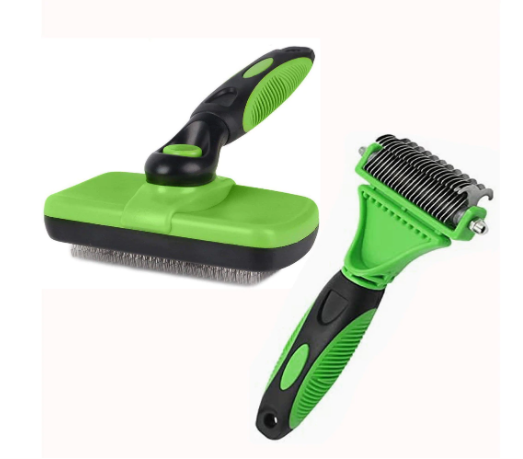 Set de perii pentru curatare profesionala pentru caini, pisici si alte animale de companie, aexya, verde cu negru