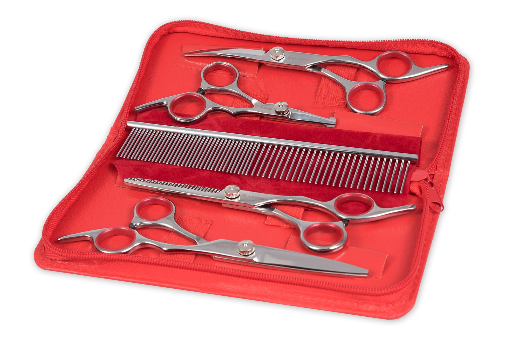 Set de 4 foarfeci profesionale + 1 pieptan pentru tuns animale, aexya, trusa piele rosie