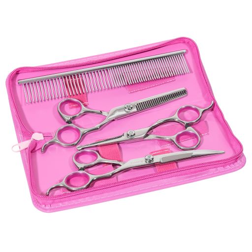 Set de 3 foarfeci profesionale + 1 pieptan pentru tuns animale, aexya, trusa piele magenta