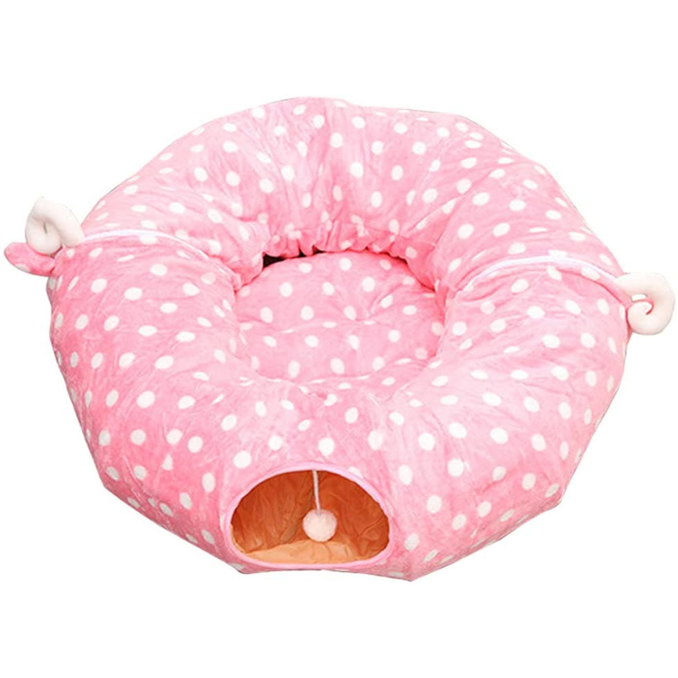 Tunel de joaca si patut pentru pisici, catei si iepurasi, aexya, roz cu alb, 96 x 30.50 x 30.50 cm