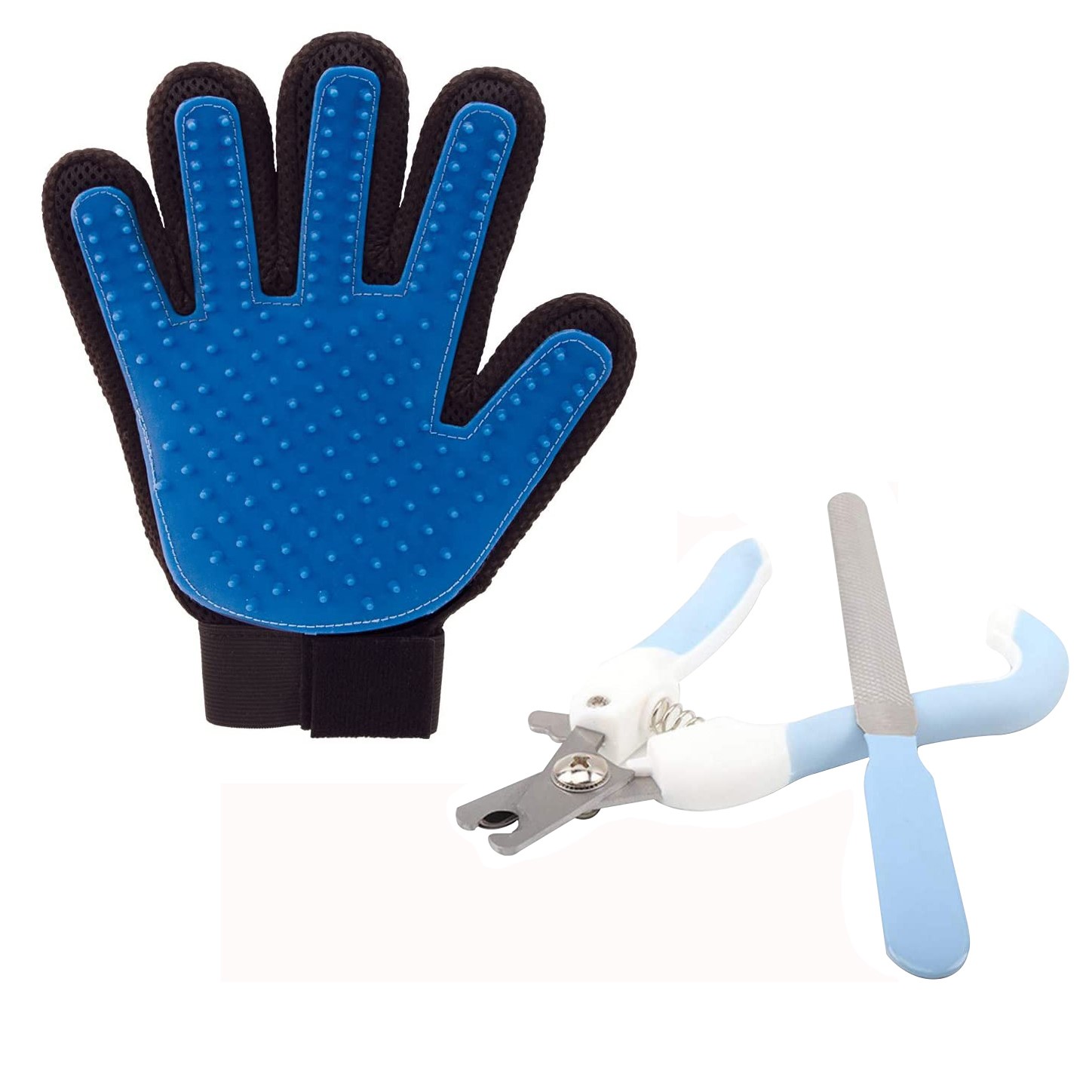 Set pentru ingrijirea animalelor de companie cu manusa de masat si adunat parul, cleste si pila pentru gheare, aexya, multicolor