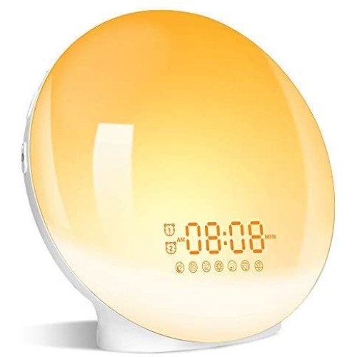 Ceas digital cu LED cu simulare a rasaritului, cu radio FM si lumina reglabila pentru dormitor copii si adulti, Aexya, portocaliu