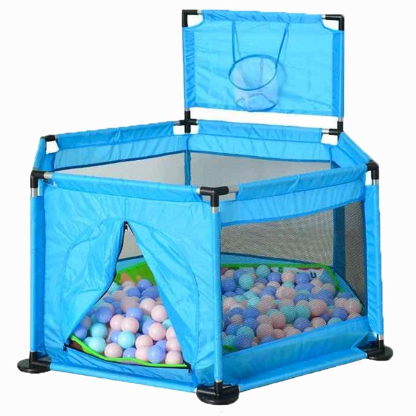 Tarc copii cu cos de baschet si 50 bile colorate, Loc de joaca cu usa laterala, Blue, Metal, Protectii de plastic, Interior - Exterior