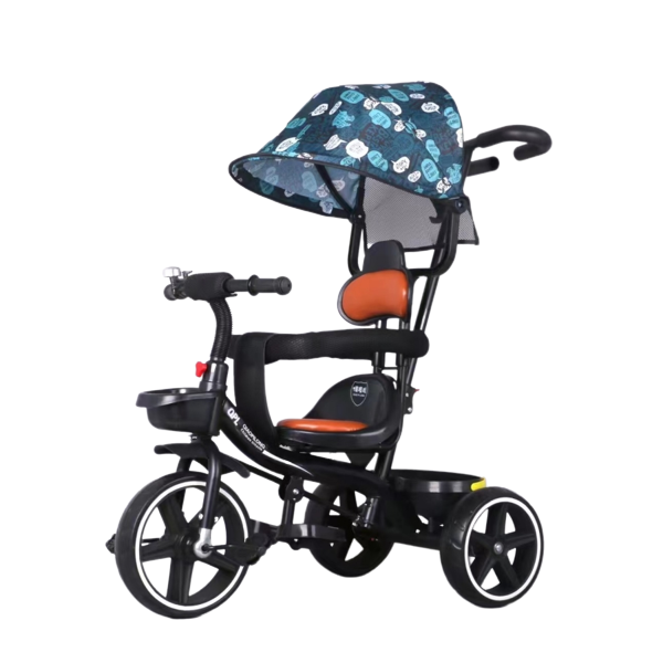Tricicleta bebelusi cu copertina retractabila si maner parental pentru copii intre 2 si 6 ani, Albastra, 2 Pedale si suporturi pentru picioare, Sezut cu spatar reglabil,  2 cosuri depozitare