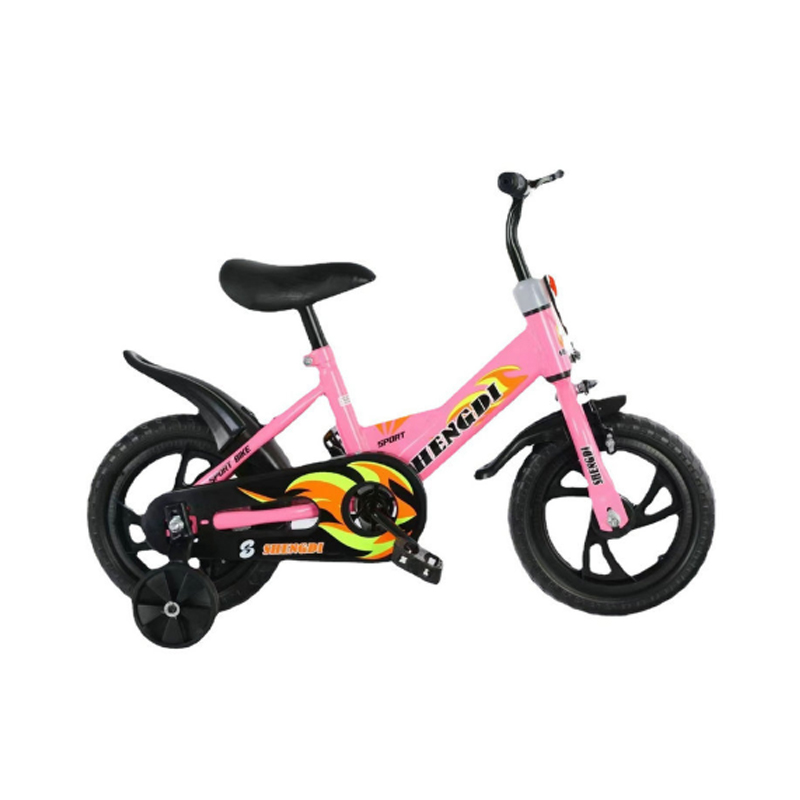 Bicicleta cu roti ajutatoare pentru copii intre 2 si 6 ani, Roz, Pedale si frane, ghidon si sezut reglabil, Roti de 12 inch, Aparatoare spate