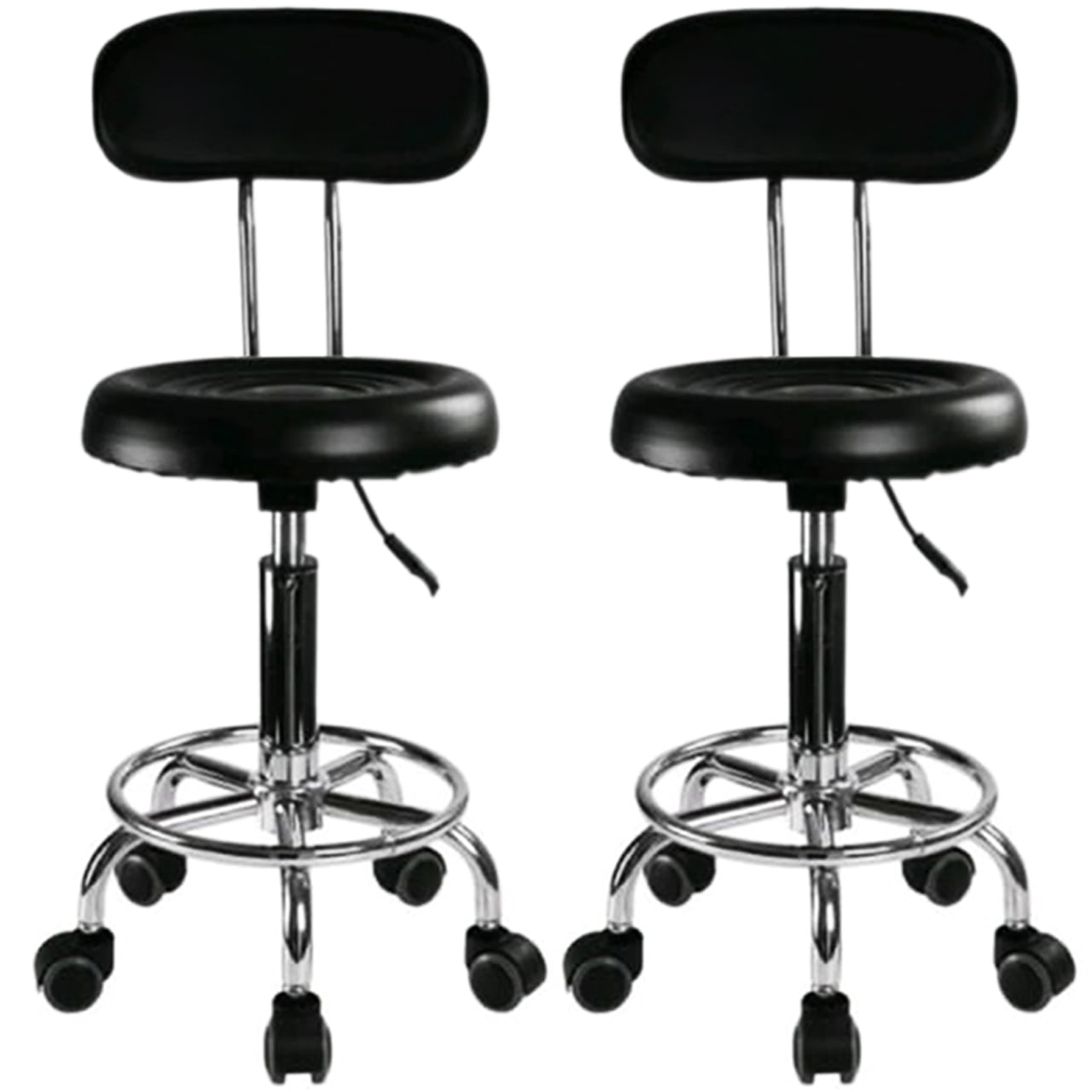 Set 2 bucati - Scaun hidraulic cu spatar si roti, Negru, Taburet rotativ, Pentru salon, Cosmetica, Manichiura, Pedichiura, Frizerie, Coafor, Cu suport  pentru picioare