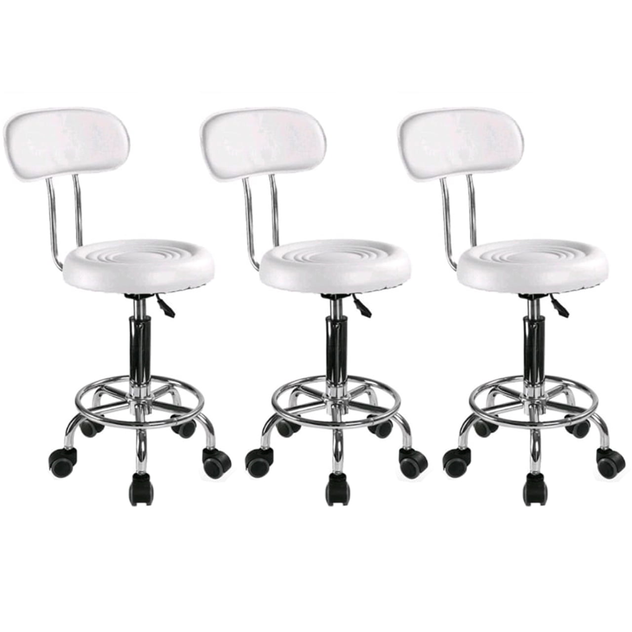 Set 3 buc - Scaun hidraulic, Spatar si roti, Alb, Taburet rotativ, Pentru salon cosmetica, Piele eco, Suport picioare