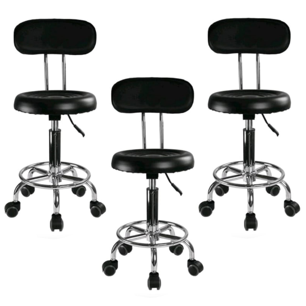 Set 3 bucati - Scaun hidraulic cu spatar si roti, Negru, Taburet rotativ, Pentru salon, Cosmetica, Manichiura, Pedichiura, Frizerie, Coafor, Cu suport  pentru picioare