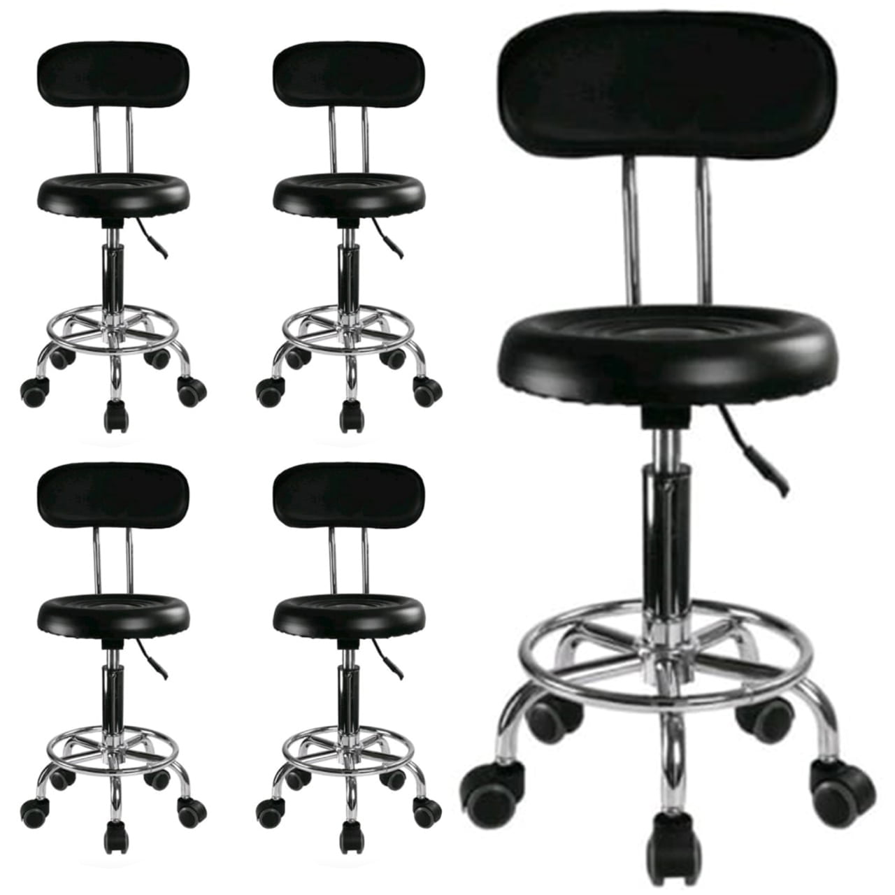 Set 5 buc - Scaun hidraulic, Spatar si roti, Negru, Taburet rotativ, Pentru salon cosmetica, Piele eco, Suport picioare