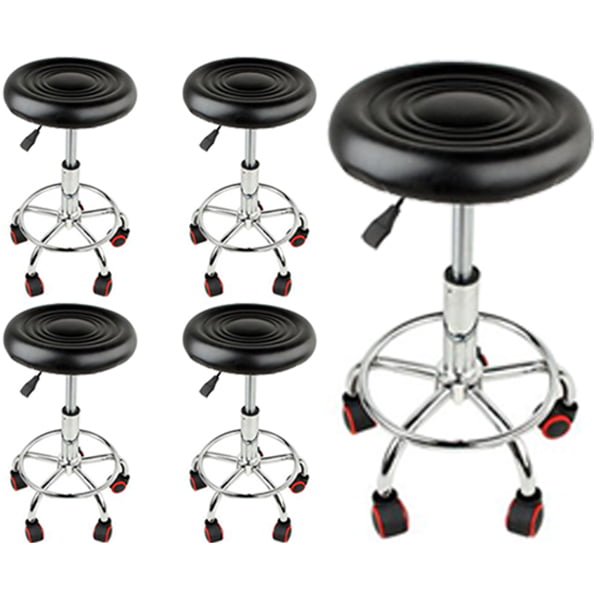 Set 5 bucati - Scaun hidraulic si roti, Negru, Taburet rotativ, Pentru salon, Cosmetica, Manichiura, Pedichiura, Frizerie, Coafor, Piele ecologica, Cu suport  pentru picioare