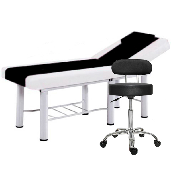 Set Pat cosmetica Alb-Negru, 186x70x70cm, Masa masaj profesional, 22kg, Piele ecologica + Scaun salon cu spatar Negru, Taburet rotativ pe roti