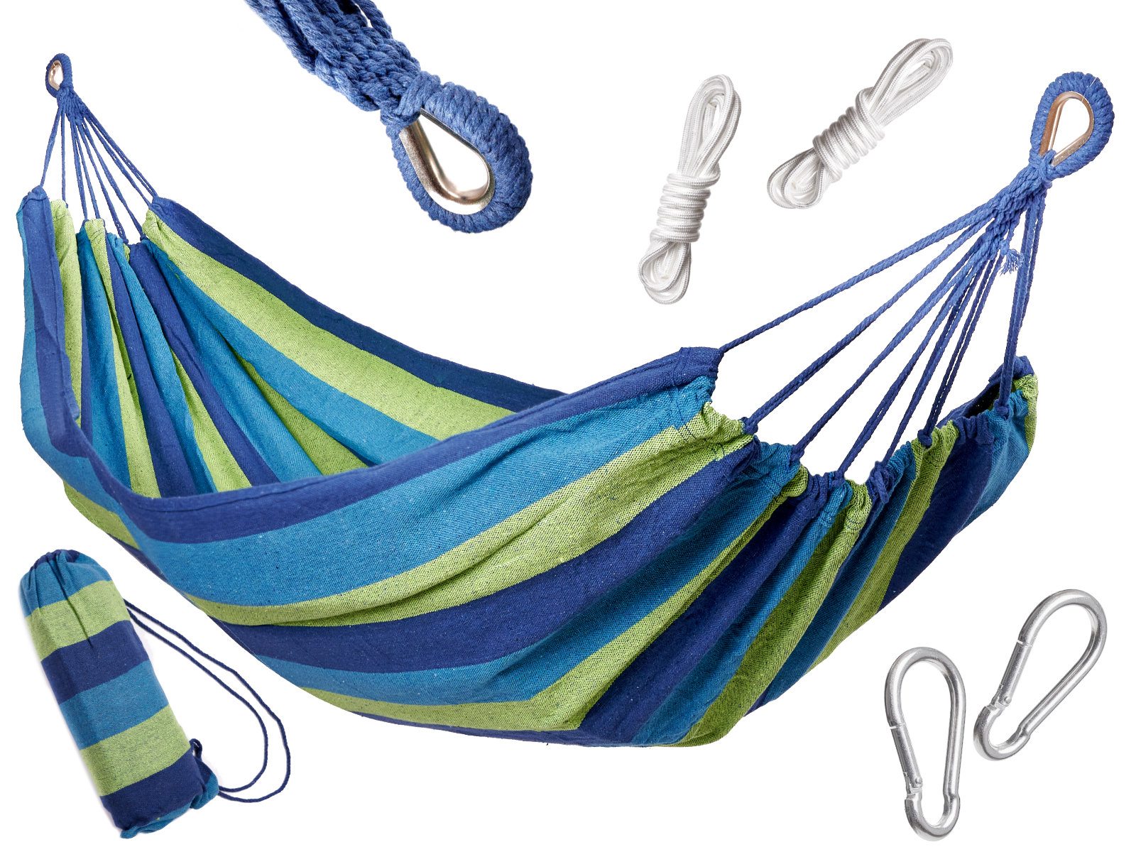 Hamac multicolor simplu (1 persoana), 200 x 100 cm + kit de instalare - albastru